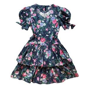 Vtg 90's My Michelle Girls Blue Floral Puff Sleeve Lace Cottagecore Dress Sz 10